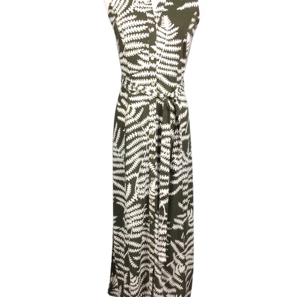 Talbots Petite Green and White Fern Print Dress SP Belted Side Splits - Picture 1 of 11